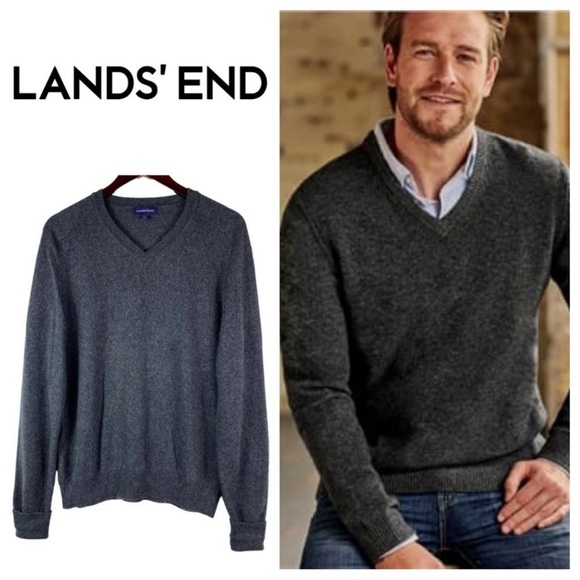 Lands End Mens Charcoal Grey 100% Cashmere V Neck Soft Sweater Sz L - Picture 1 of 8